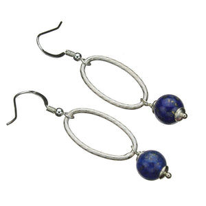 Sterling Silver Blue Lapis Stone Large Oval Link Chain Earrings 