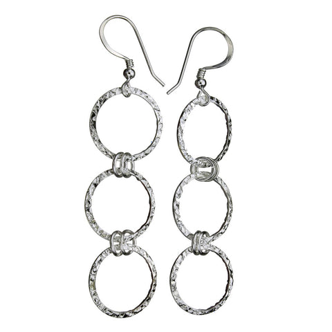 Large Sterling Silver Flat Hammered Circle Links Earrings Italy