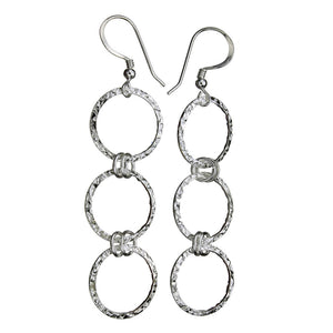 Sterling Silver Flat Hammered Circle Medium Links Long Earrings Italy
