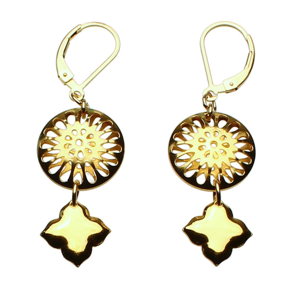 18k Gold-Flashed Sterling Silver Puffed Domed Round Circle Sunburst Clover Earrings