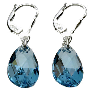 Sterling Silver Leverback Earrings Aqua Blue Crystal Pear Teardrop