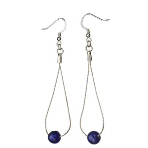 Blue Lapis Stone Beads Teardrop Loop Sterling Silver Chain Earrings