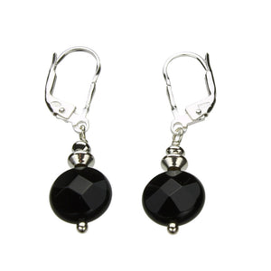 Faceted Black Onyx Coin Beads Sterling Silver Leverback Earrings