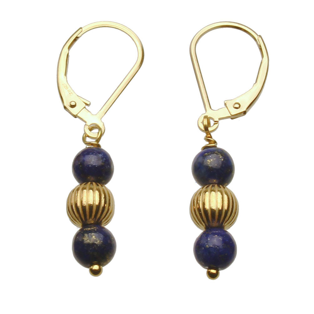 Gold-Plated Sterling Silver Leverback Earrings Corrugated Beads Lapis
