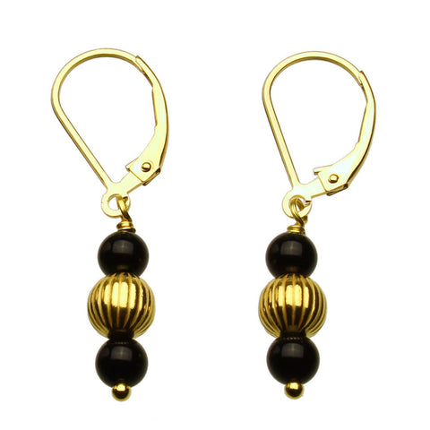 Gold-Plated Sterling Silver Leverback Earrings Corrugated Beads Black Onyx