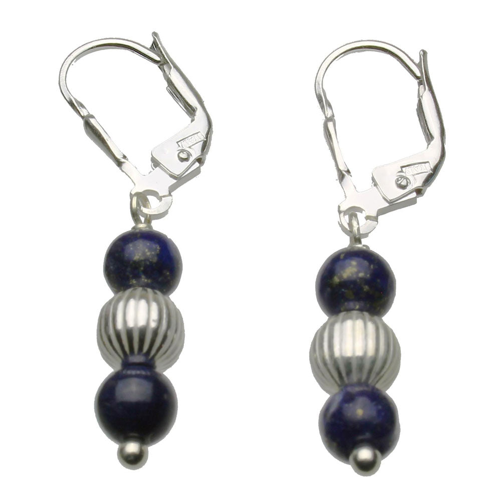 Sterling Silver Leverback Earrings Corrugated Beads Lapis