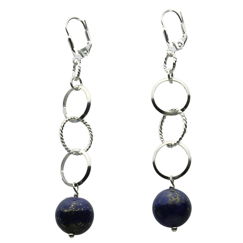 Sterling Silver Blue Lapis Stone Circle Round Link Chain Lever-back Earrings