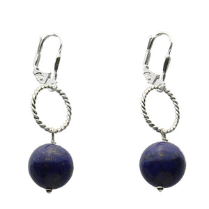 Sterling Silver Blue Lapis Stone Round Twisted Circle Link Lever-back Earrings 