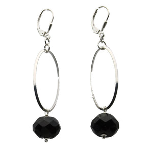 Sterling Silver Black Onyx Stone Rondell Large Oval Link Lever-back Earrings 