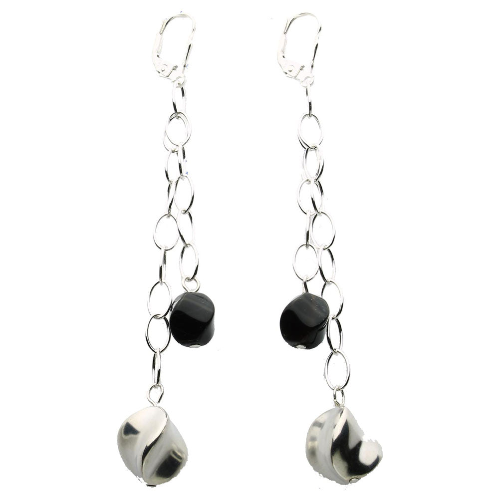 Sterling Silver Twist Beads Black Onyx Stone 2-Strand Dangle Earrings Italy