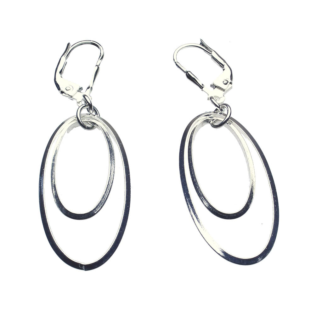 Sterling Silver Oval Circle Dangle Lever-back Earrings Italy