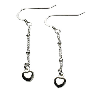 Sterling Silver Tiny Heart Charm Cable Station Dangle Earrings