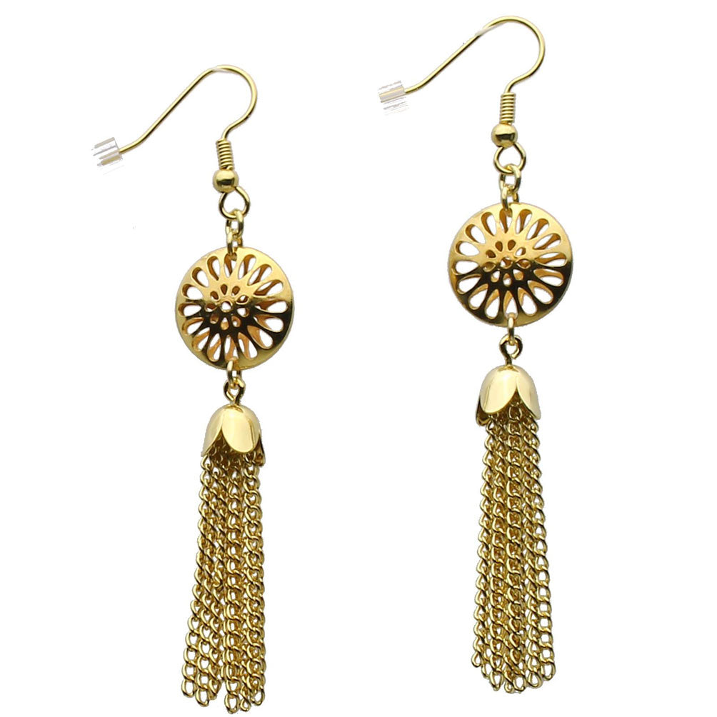 18k Gold-Flashed Sterling Silver Puffed Domed Round Circle Sunburst Tassel Earrings