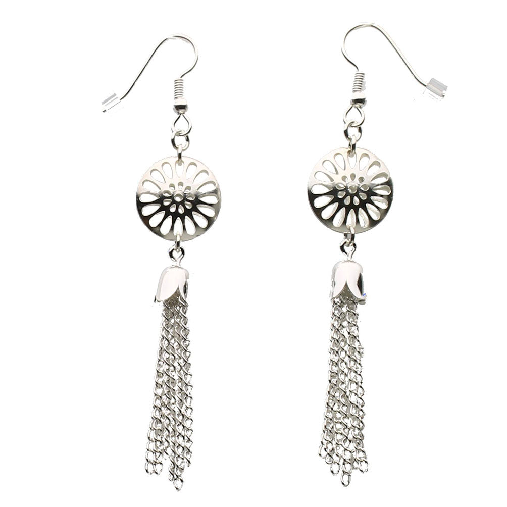 Sterling Silver Puffed Domed Round Circle Sunburst Silver-Plated Tassel Earrings