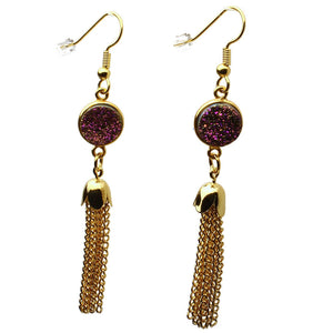 Gold-plated Purple Circle Round Druzy Tassel Tassel Earrings