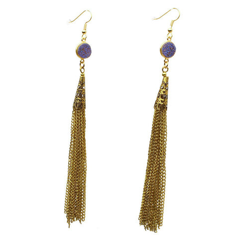 Blue Druzy Circle Antique Gold-Plated Tassel Dangle 5 1/4 inches Long Earrings