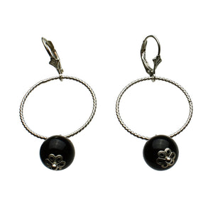 Sterling Silver  Large Twisted Ring Link Black Onyx Stone Leverback Earrings