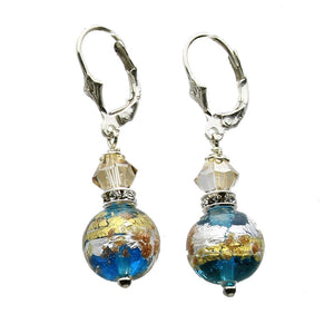 Sterling Silver Leverback Earrings  Aqua Murano-style Glass