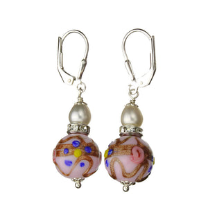 Sterling Silver Earrings Pink Murano-style Glass Freshwater Cultured Pearl
