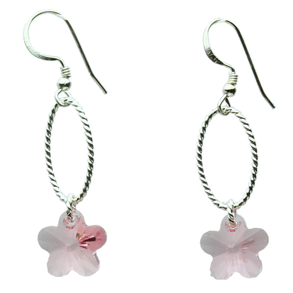 Pink Crystal Flower Sterling Silver Oval Twist Ring Earrings