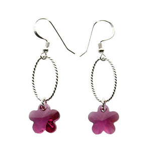 Fuchsia Crystal Flower Sterling Silver Oval Twist Ring Earrings