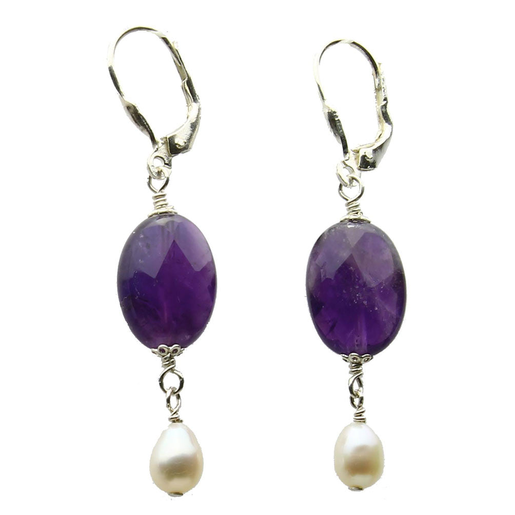 Faceted Amethyst Stone Freshwater Cultured Pearl Sterling Silver Earrings