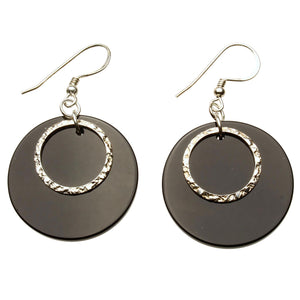 Black Onyx Stone Circle Disc Sterling Silver Hammered Link Earrings 
