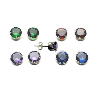 Jewel Tone Colors 6mm Round Cubic Zirconia Stud Sterling Silver Earrings