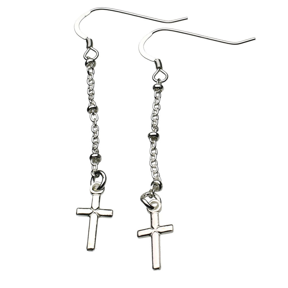 Sterling Silver Tiny Cross Charm Cable Station Dangle Earrings