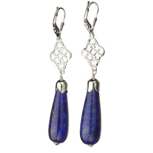 Blue Lapis Stone Teardrop Beads Sterling Silver Floral Link Leverback Earrings