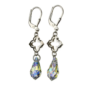 Sterling Silver Clover Link Leverback Earrings Aurora Borealis Crystal Teardrop 