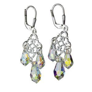 Sterling Silver Floral Link Leverback Earrings Aurora Borealis Crystal Teardrop