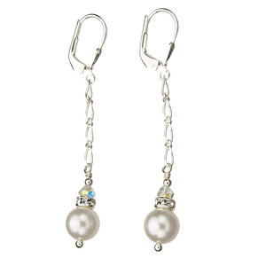 Crystal 8mm Simulated Pearl Sterling Silver Chain Leverback Earrings
