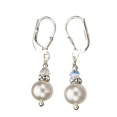 Sterling Silver Leverback Earrings 8mm Crystal Simulated Pearl