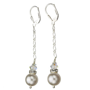 Sterling Silver Chain Earrings 10mm Crystal Simulated Pearl