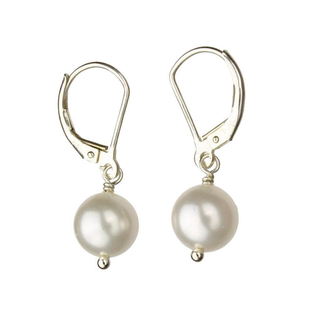 Sterling Silver Leverback Earrings White 8mm Crystal Simulated Pearl