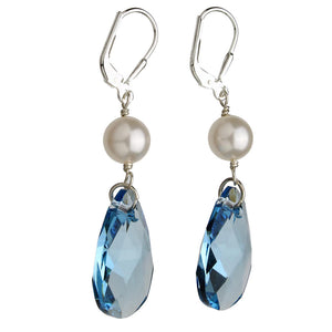Sterling Silver Leverback Earrings Aqua Crystal Pear Teardrop Crystal Simulated Pearl