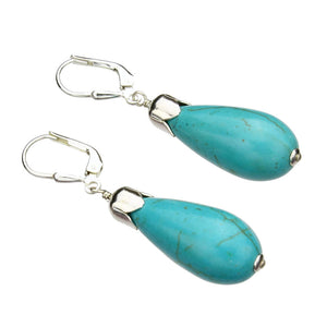 Simulated Turquoise Stone Teardrop Beads Sterling Silver Leverback Earrings