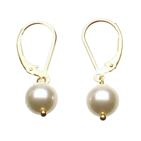 Gold-Plated Sterling Silver Leverback Earrings 8mm Crystal Simulated Pearl