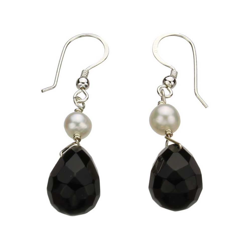 Black Faceted Glass Briolette Freshwater Cultured Pearl Sterling Silver Earrings  