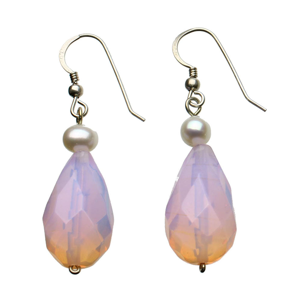 Pink Opalite Glass Briolette Freshwater Cultured Pearl Sterling Silver Earrings