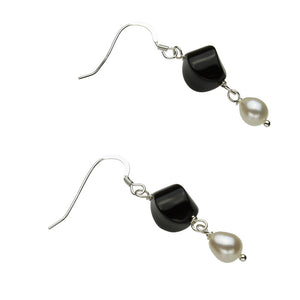 Black Onyx Stone Freshwater Cultured Pearls Sterling Silver Earrings