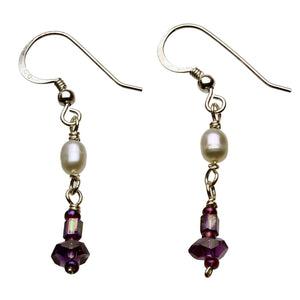 Faceted Amethyst, Glass Beads Freshwater Cultured Pearl Sterling Silver Earrings