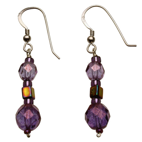 Faceted Amethyst Glass Beads Sterling Silver Earrings