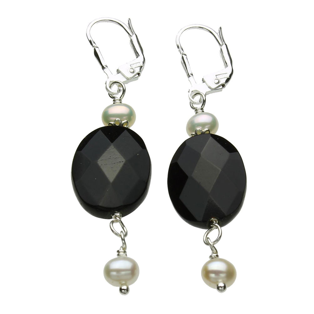 Faceted Black Onyx Stone Freshwater Cultured Pearl Sterling Silver Earrings