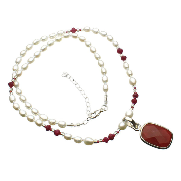 Quartz Stone Sterling Silver Focal Freshwater Cultured Pearl Necklace 16 inches+2 inches