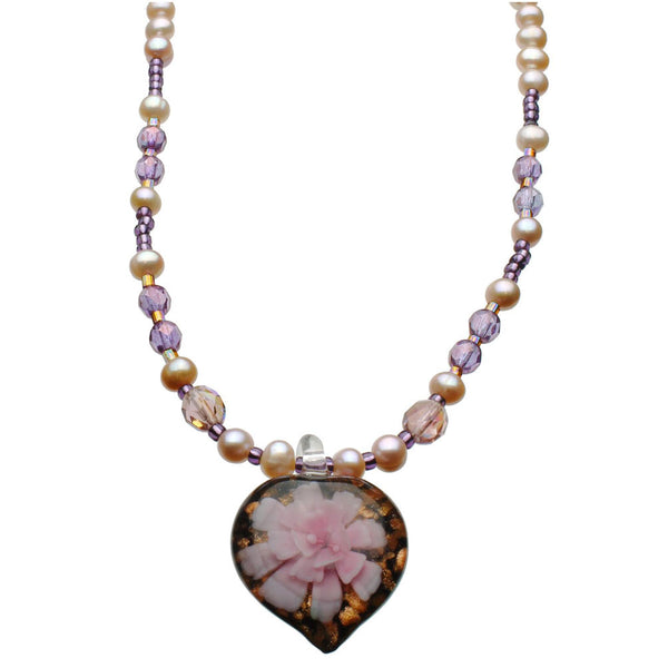 Murano-style Glass Violet Flower Heart Freshwater Cultured Pearl Necklace