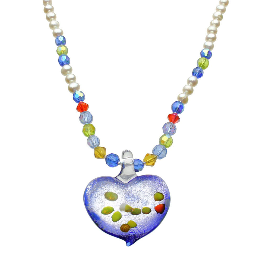 Murano-style Style Glass Heart Freshwater Cultured Pearl Necklace 