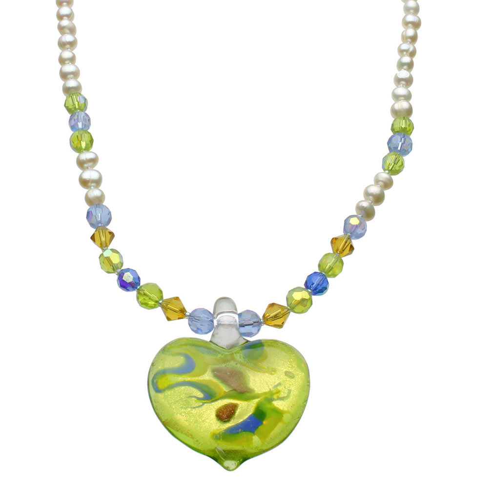Green Murano-style Style Glass Heart Freshwater Cultured Pearl Necklace  