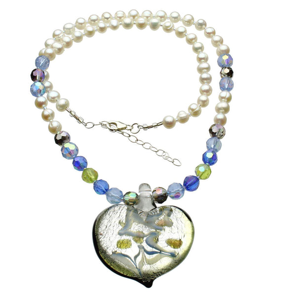 Blue Murano-style Style Glass Heart Freshwater Cultured Pearl Necklace  